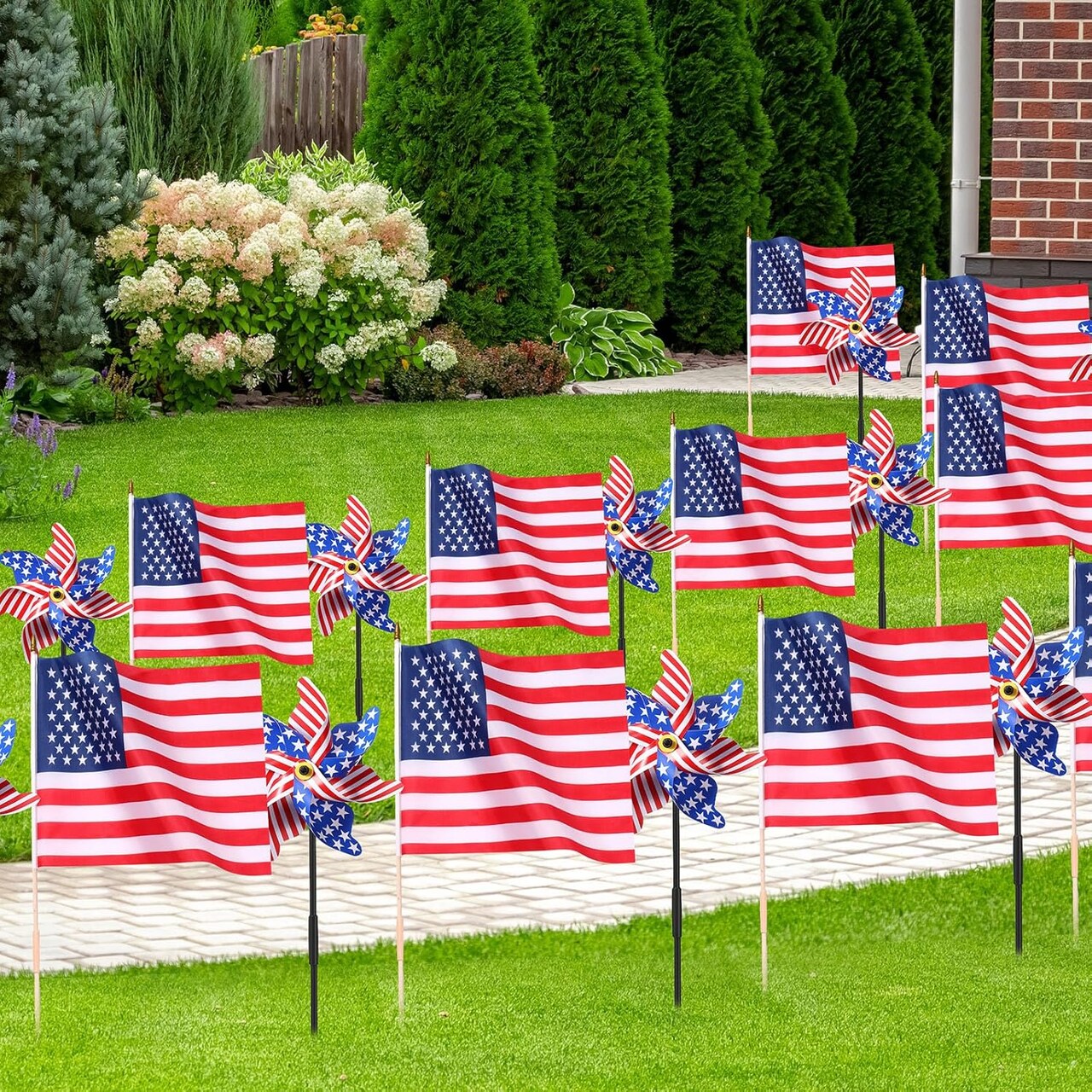 24 Pack 4th of July Decorations Outdoor 12 Independence Day Patriotic Pinwheels 12 American Flags on Stick Red White and Blue Patriotic Pinwheels
